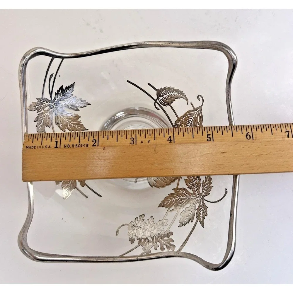 Candy Dish Etched Glass Silver Leaf Pedestal Stand Mid Century Modern Vintage
